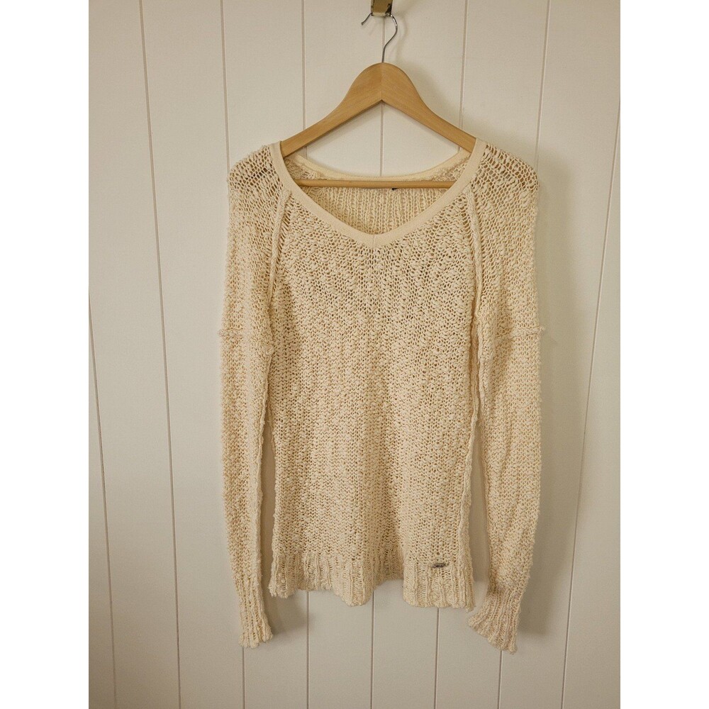 Harley Davidson Womens Open Knit Beige Sweater Long Sleeve Spell Out Back